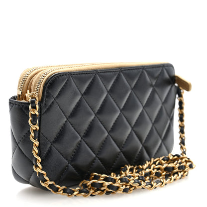 Suede Shiny Lambskin Quilted Phone Holder With Chain Black Beige