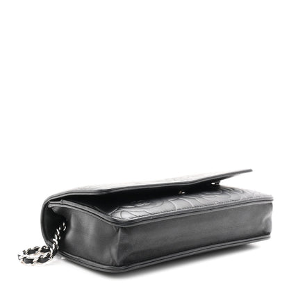 Lambskin Camellia Embossed Wallet On Chain WOC Black
