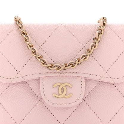 Caviar Quilted Flap Card Holder On Chain Pink