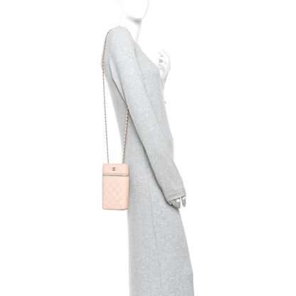 Caviar Quilted Phone Holder With Chain Light Pink