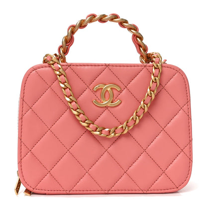 Lambskin Quilted Top Handle Small Vanity Case Pink