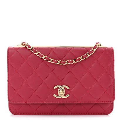 Lambskin Quilted Trendy CC Wallet On Chain WOC Dark Pink