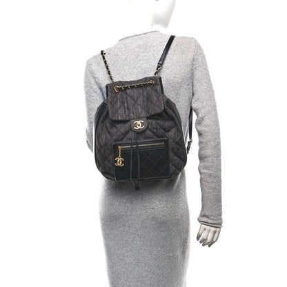 Denim Calfskin Quilted Backpack Dark Grey Black