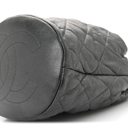 Metallic Lambskin Quilted Pearl Crown Drawstring Bag Anthracite