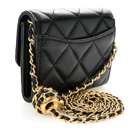 Lambskin Quilted Pearl Crush Card Holder With Chain Black