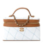 Washed Denim Calfskin Quilted Top Handle Slim Vanity Case With Chain Blue Brown