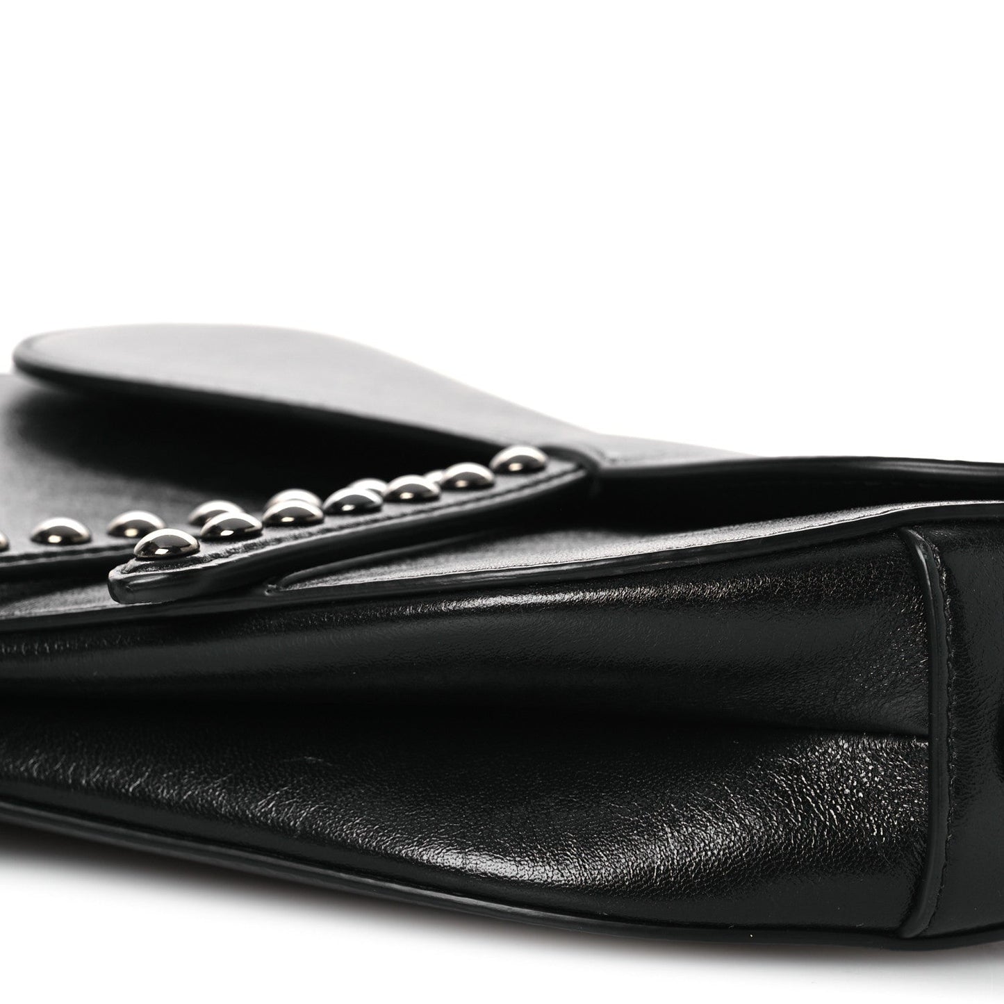 Shiny Crinkled Calfskin Studded Saddle Bag Black
