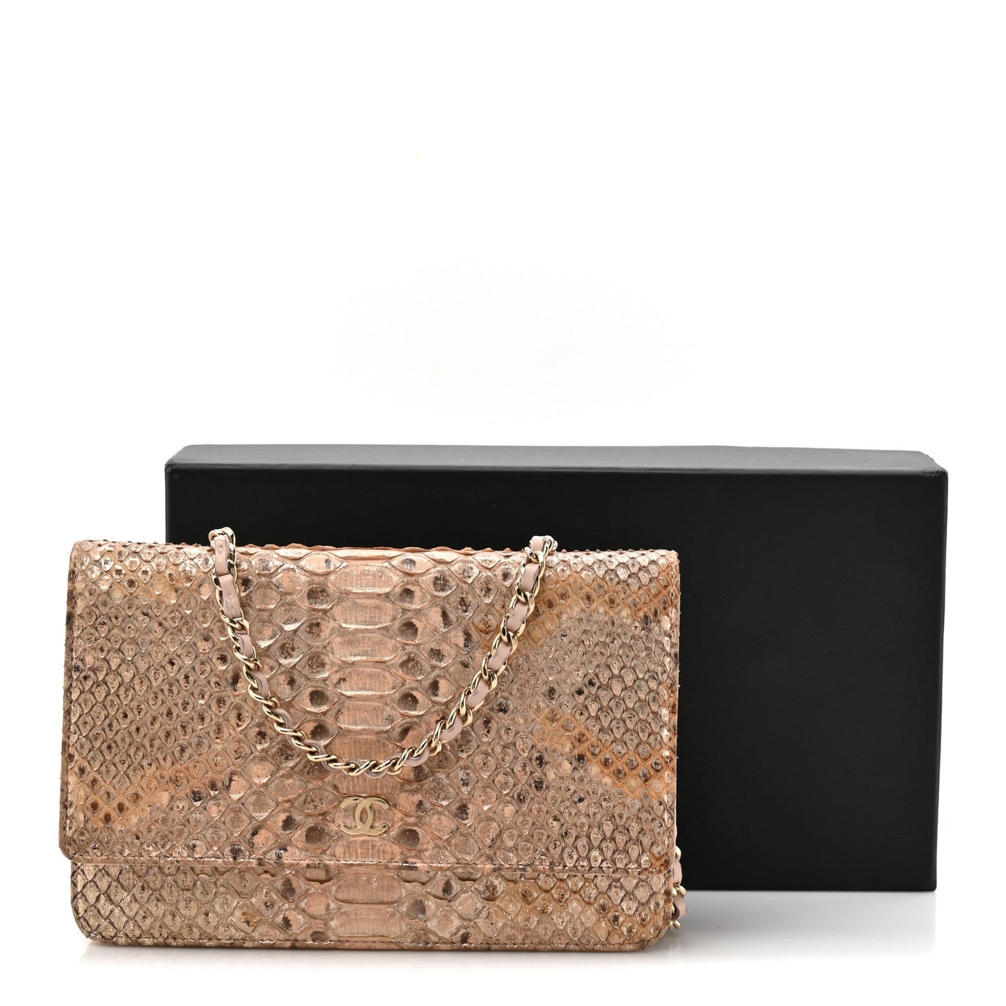 Metallic Snakeskin Wallet On Chain WOC Ivory Gold