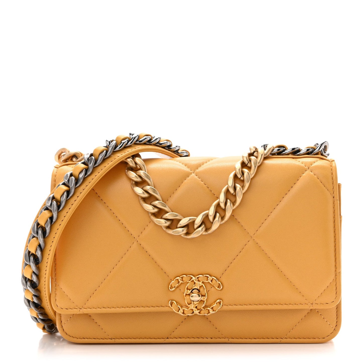 Lambskin Quilted Chanel 19 Wallet On Chain WOC Yellow