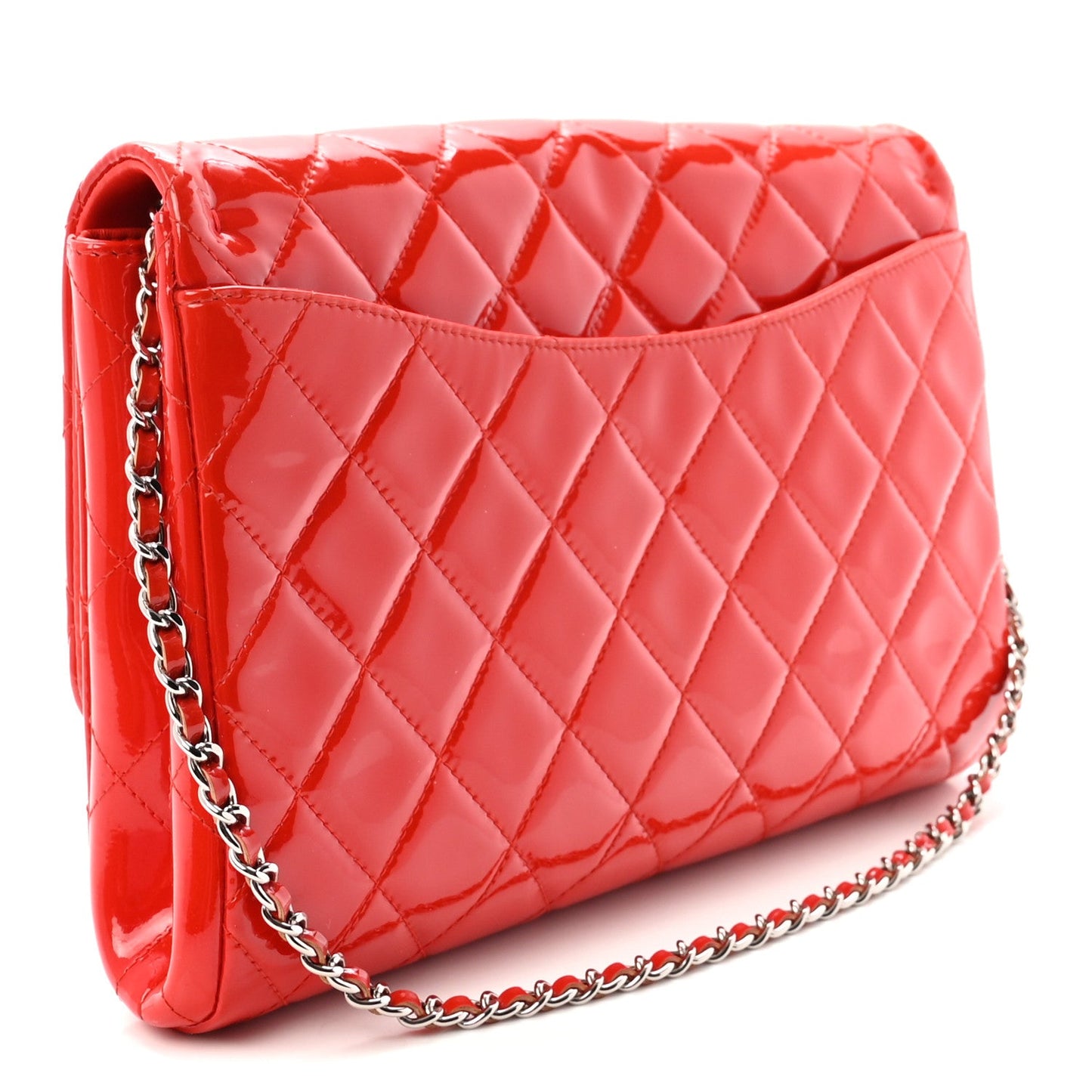 Patent Quilted Clutch with Chain Flap Red