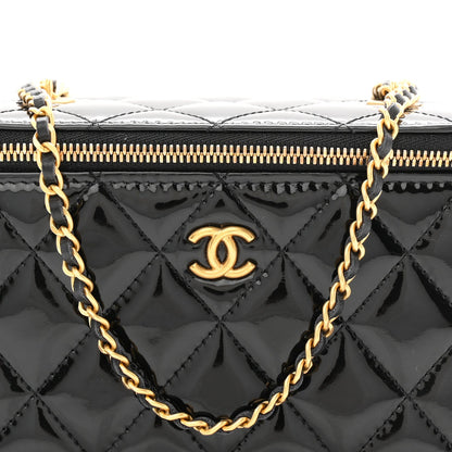Patent Enamel Quilted Small Coco Hearts Vanity Case With Chain Black