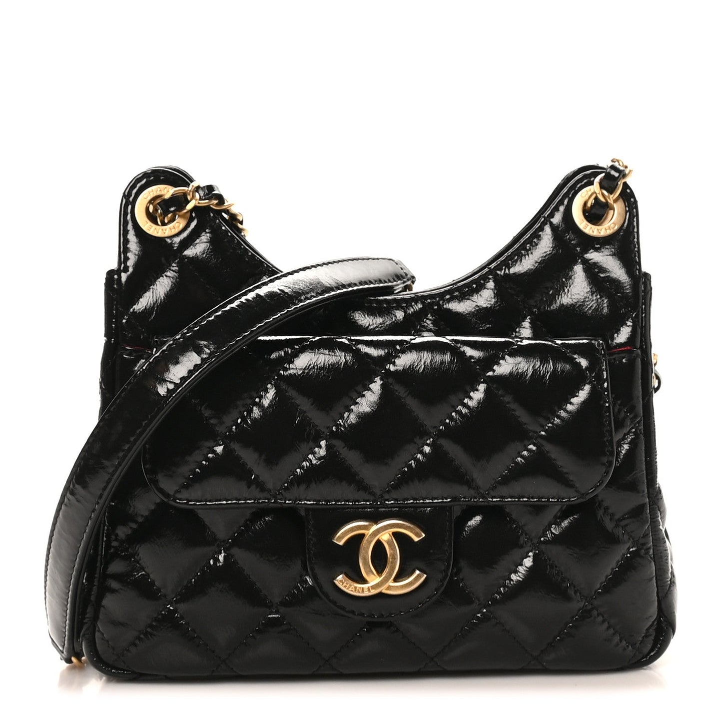 Shiny Crumpled Calfskin Quilted Small Wavy CC Hobo Black