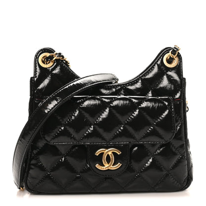 Shiny Crumpled Calfskin Quilted Small Wavy CC Hobo Black