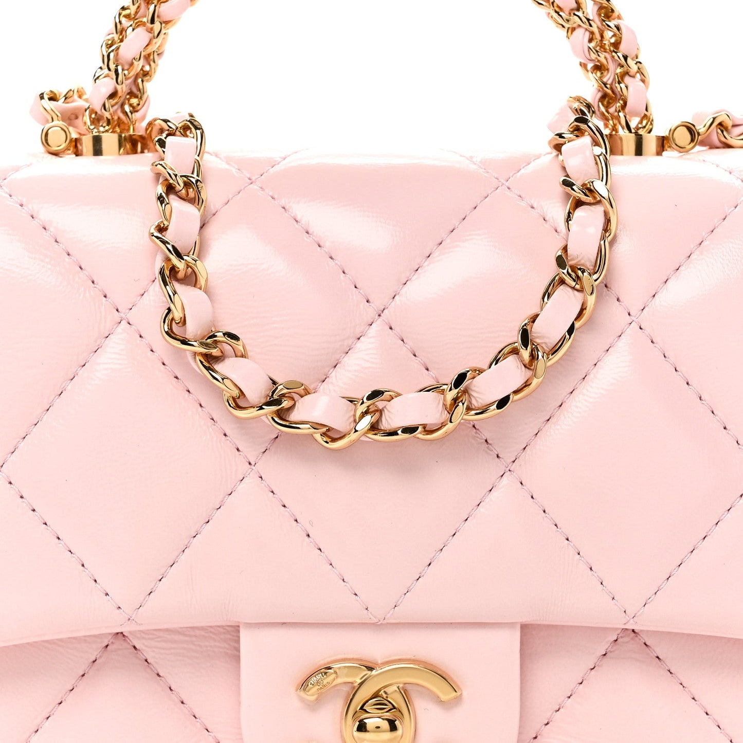 Shiny Lambskin Quilted Mini Twisted Links Top Handle Flap Light Pink