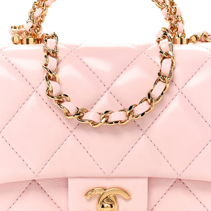 Shiny Lambskin Quilted Mini Twisted Links Top Handle Flap Light Pink