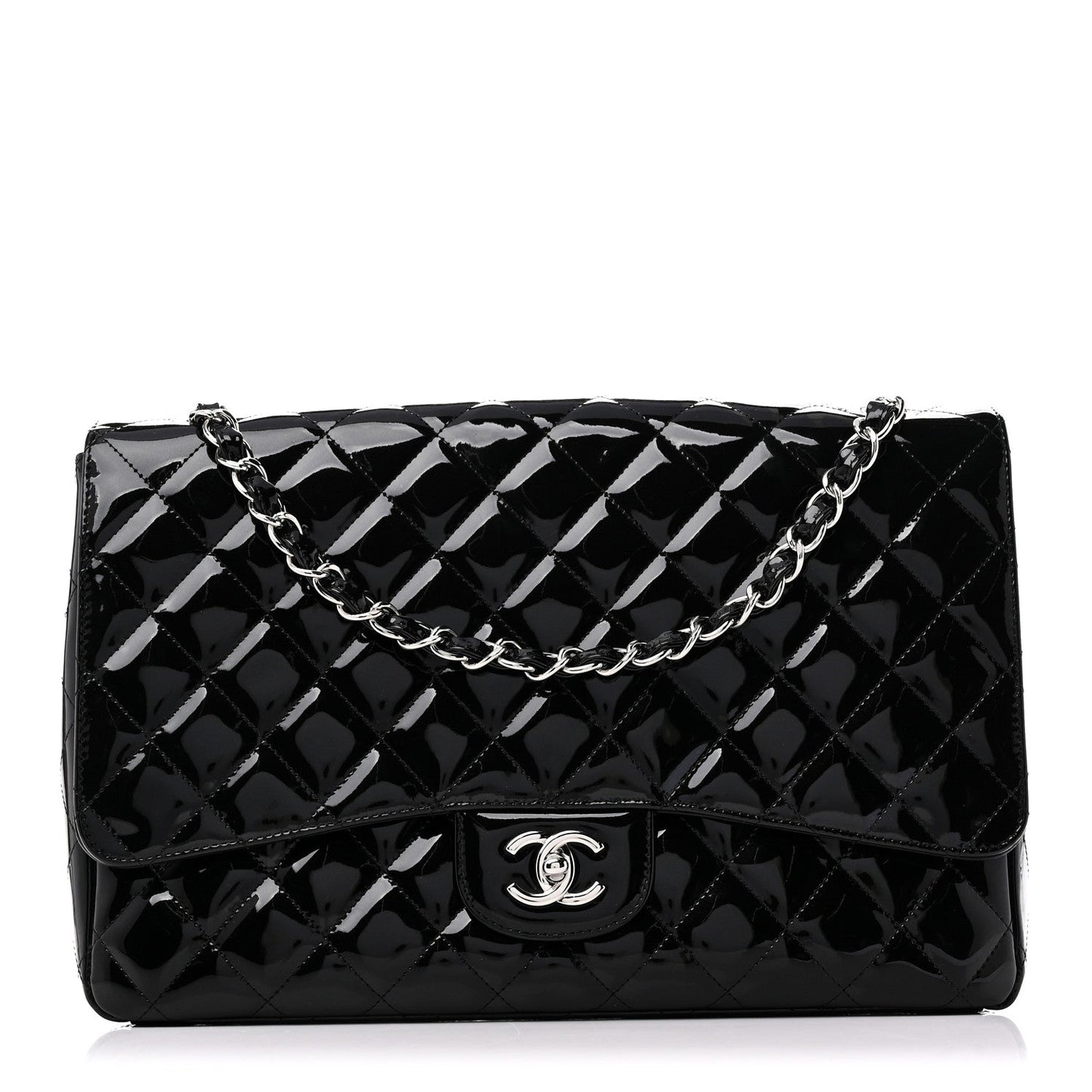 Patent Calfskin Sparkle Quilted Maxi Single Flap Black