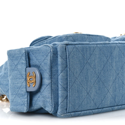 Washed Denim Quilted Large Trendy Pockets Hobo Blue