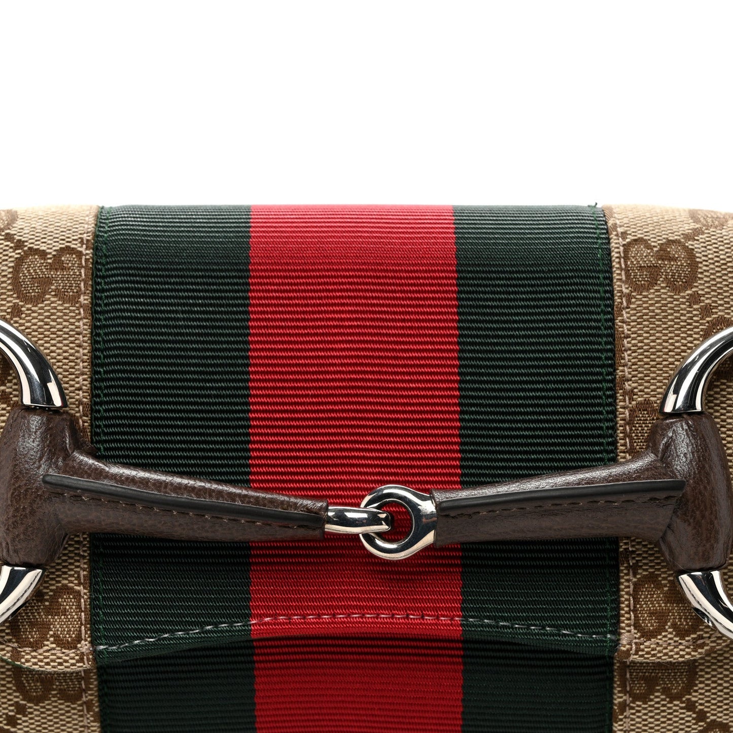 Monogram Textured Dollar Calfskin Heavy Grosgrain Web Small Maxi Horsebit Chain Shoulder Bag Beige Ebony New Acero