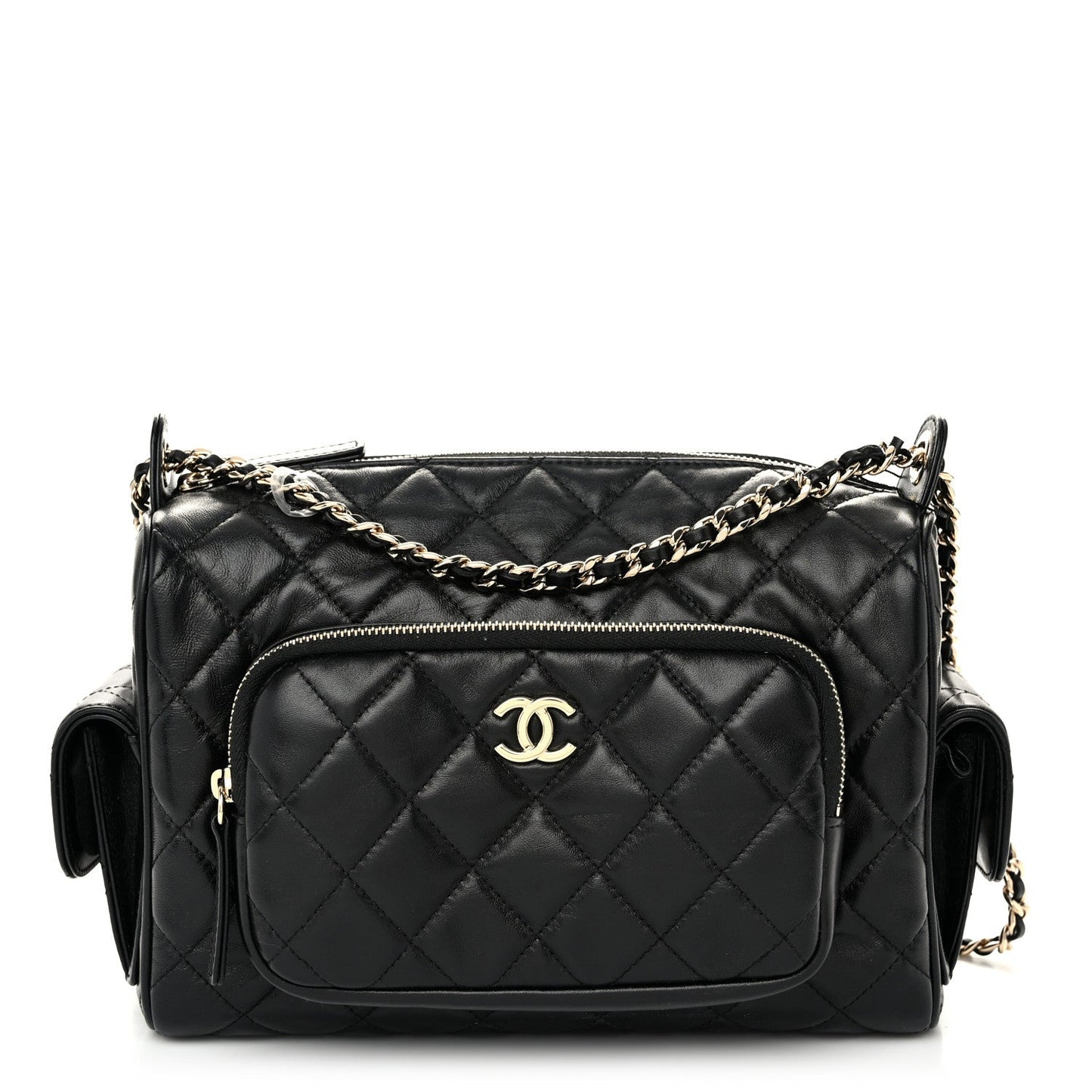 Shiny Crumpled Lambskin Quilted Medium Preppy Pocket Camera Case Black