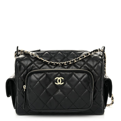 Shiny Crumpled Lambskin Quilted Medium Preppy Pocket Camera Case Black