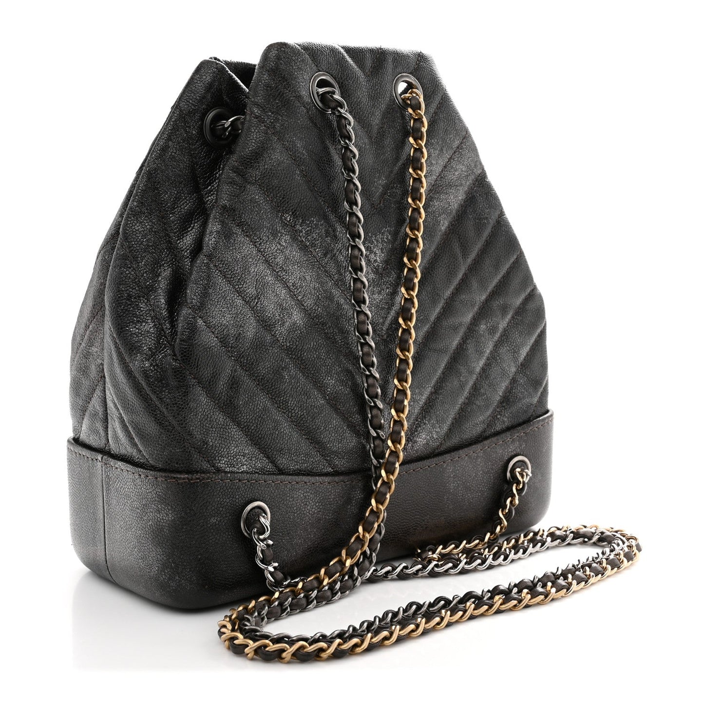 Metallic Grained Goatskin Chevron Quilted Gabrielle Backpack Dark Silver Gold