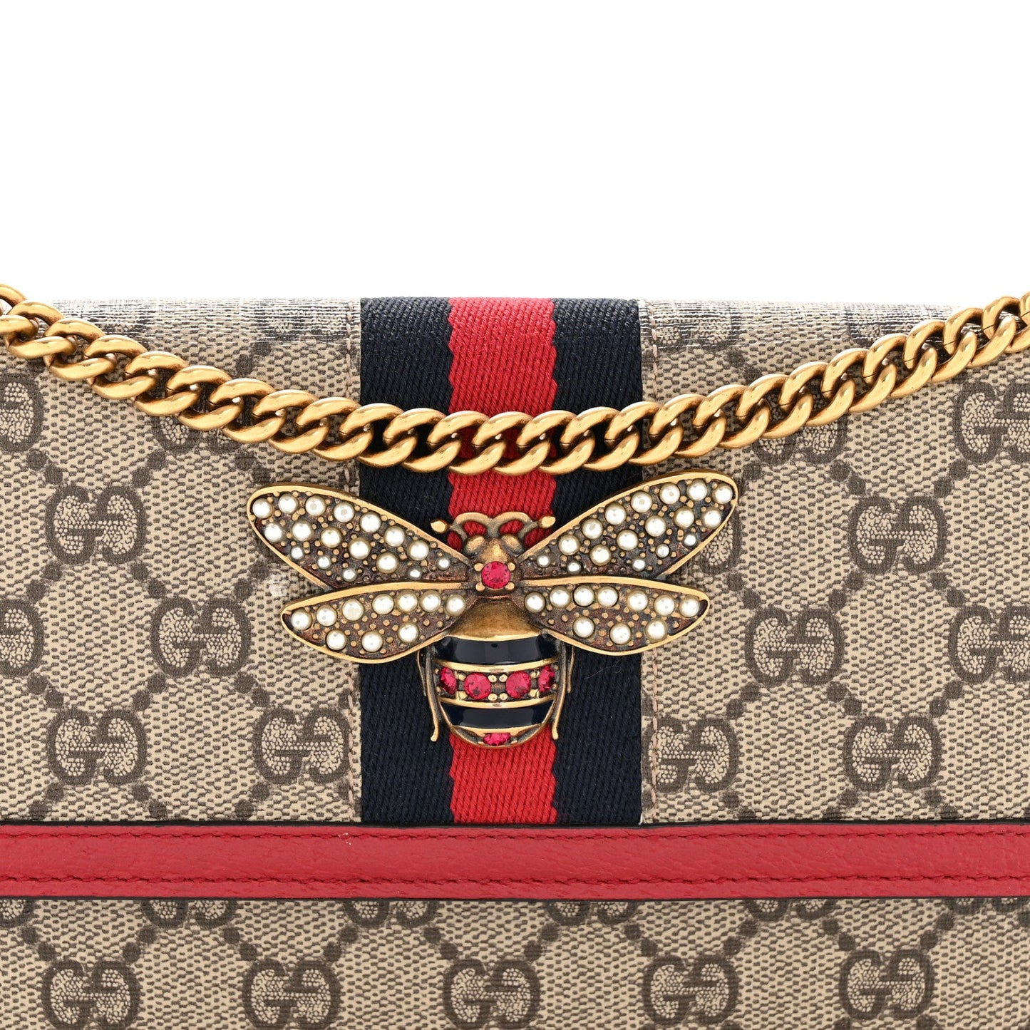 GG Supreme Monogram Web Queen Margaret Chain Wallet Red