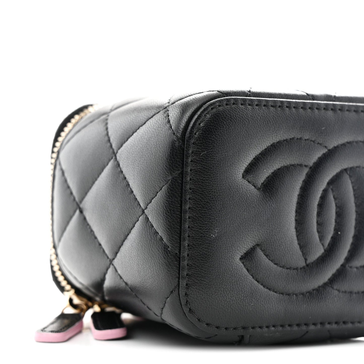 Lambskin Quilted Top Handle Mini Vanity Case With Chain Black Pink