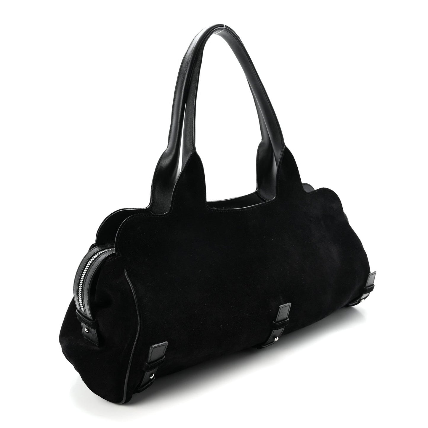 Fur Calfskin Suede Top Handle East West Tote Bag Black