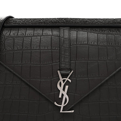 Calfskin Crocodile Embossed Large Monogram Satchel Dark Brown