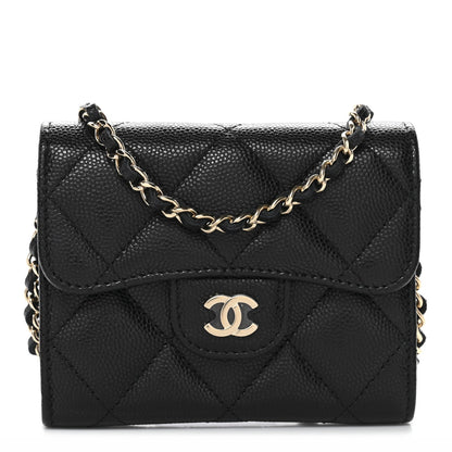 Caviar Quilted Flap Card Holder On Chain Black