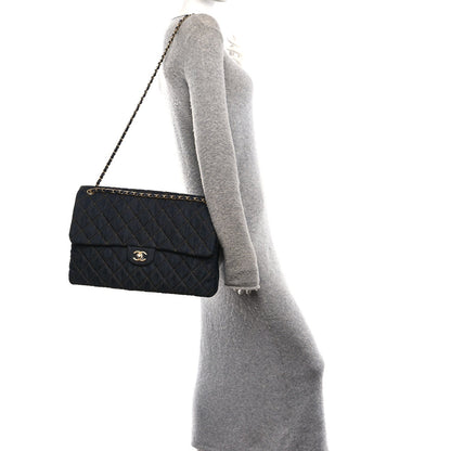 Denim Quilted XXL Travel Flap Bag Dark Blue Orange