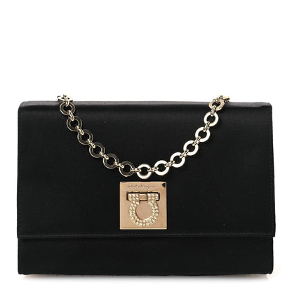 Satin Crystal Gancini Chain Flap Bag Black