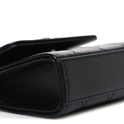 Lambskin Quilted Mini Metal Top Handle Flap Clutch With Chain  Black