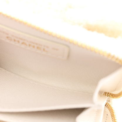 Tweed Quilted Bow Flap Card Holder On Chain White