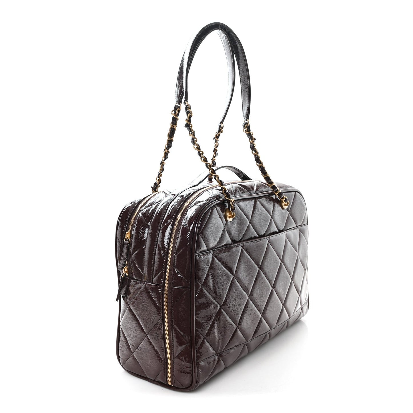 Patent Crumpled Calfskin Quilted Travel Bowling Bag Dark Brown