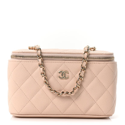 Caviar Quilted Small Vanity Case With Chain Light Beige