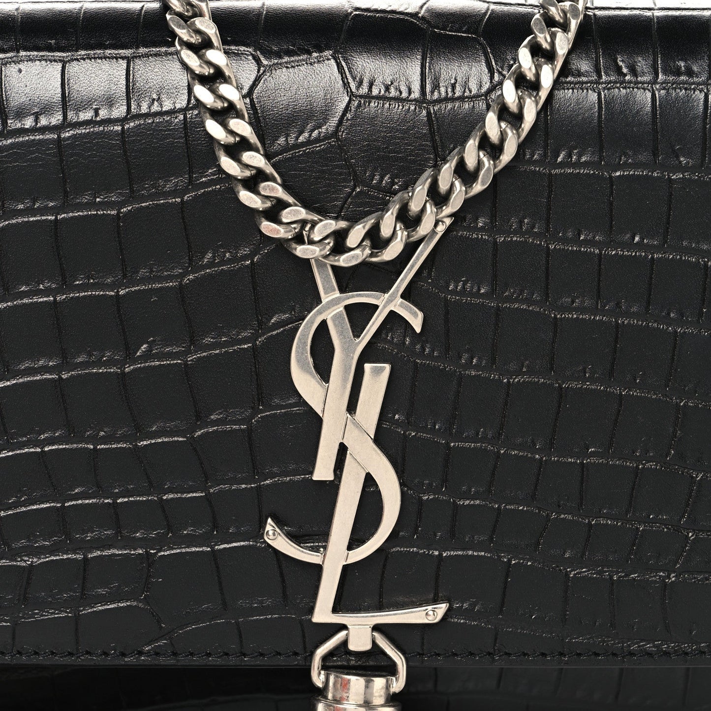 Calfskin Crocodile Embossed Small Classic Monogram Kate Tassel Satchel Black