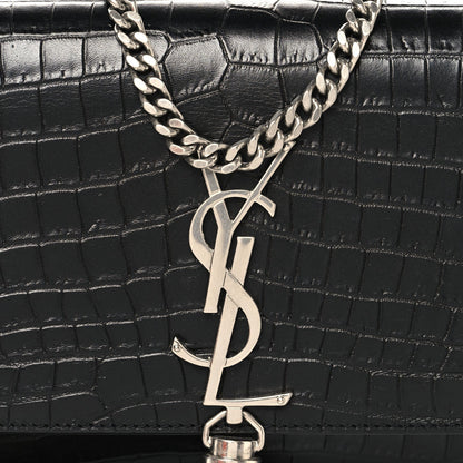 Calfskin Crocodile Embossed Small Classic Monogram Kate Tassel Satchel Black