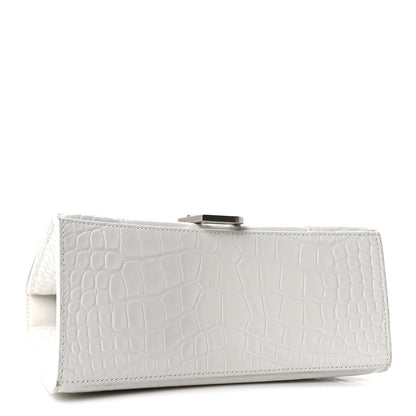 Shiny Calfskin Crocodile Embossed Small Hourglass Top Handle Bag White