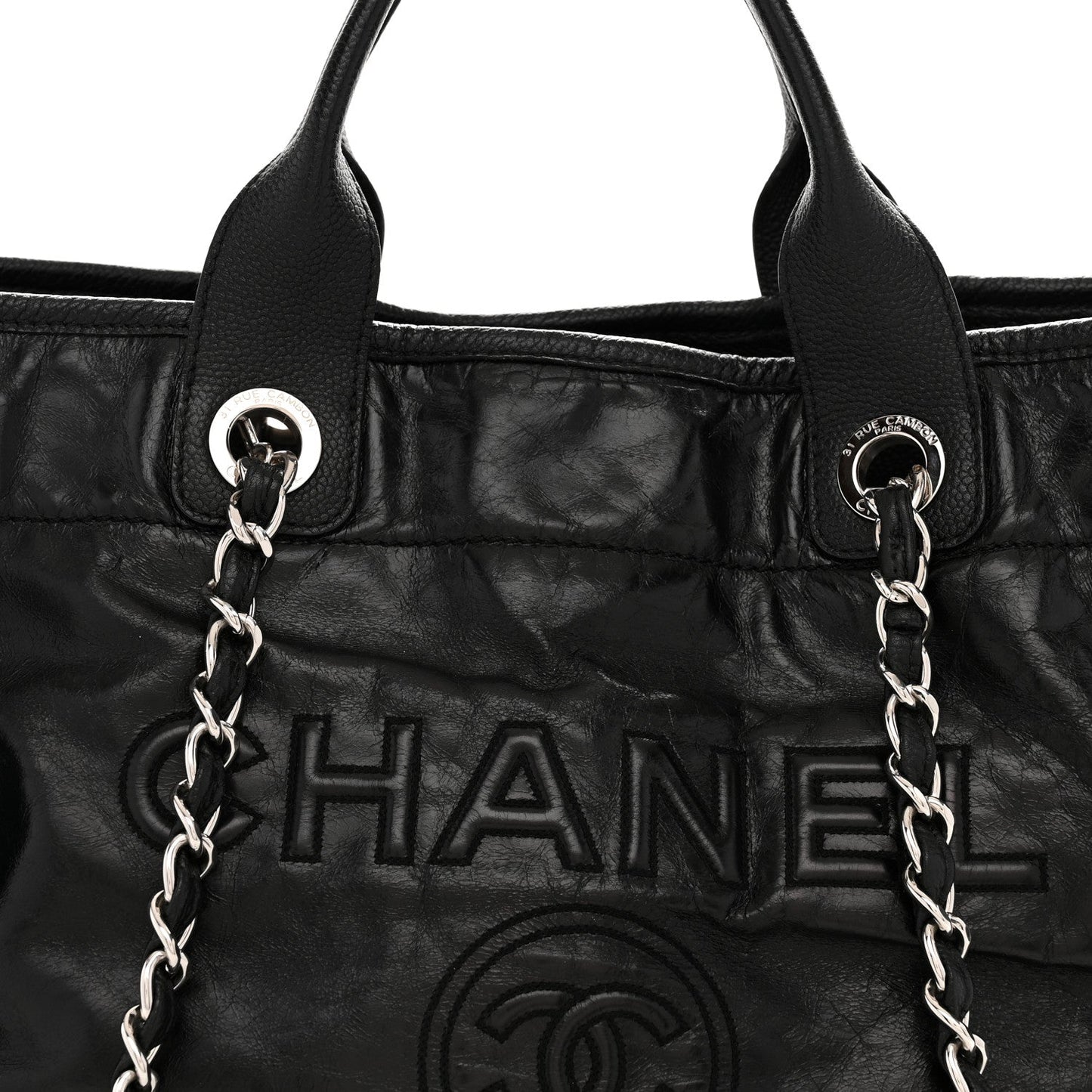 Glazed Calfskin Medium Deauville Tote Black