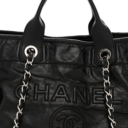 Glazed Calfskin Medium Deauville Tote Black