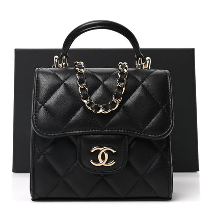 Lambskin Quilted Top Handle Flap Clutch With Chain Black