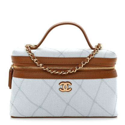 Washed Denim Calfskin Quilted Top Handle Slim Vanity Case With Chain Blue Brown