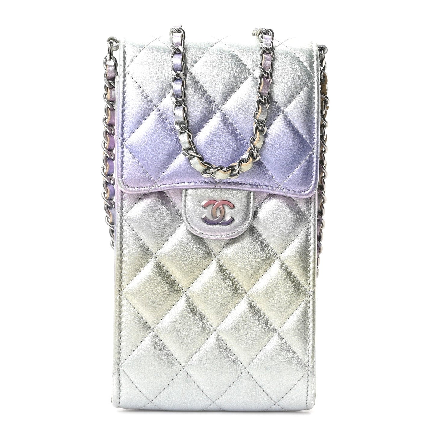 Gradient Metallic Calfskin Quilted CC Phone Holder Silver Blue Yellow Purple