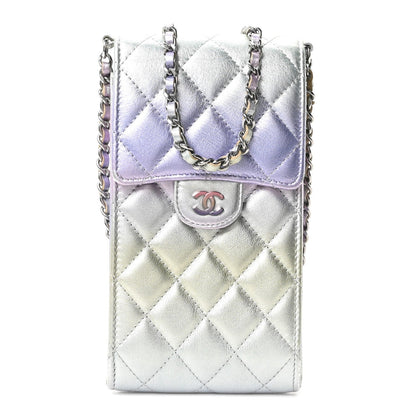 Gradient Metallic Calfskin Quilted CC Phone Holder Silver Blue Yellow Purple