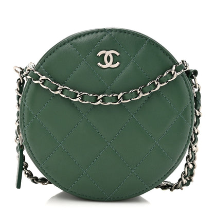 Lambskin Quilted Round Clutch With Chain Green