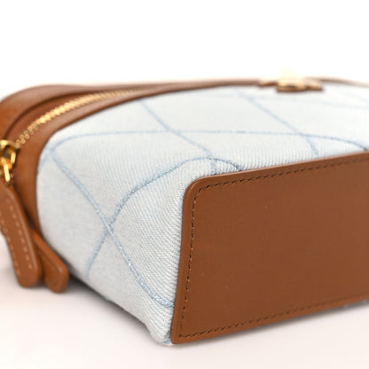 Washed Denim Calfskin Quilted Top Handle Slim Vanity Case With Chain Blue Brown