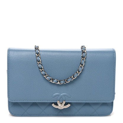 Grained Calfskin Quilted CC Box Wallet On Chain WOC Blue