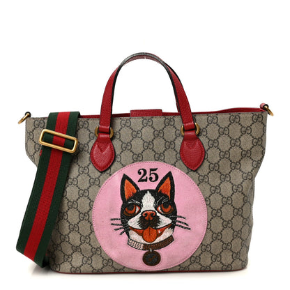 Soft GG Supreme Monogram Web Bosco Patch Small Crossbody Tote Beige Malva Hibiscus Red