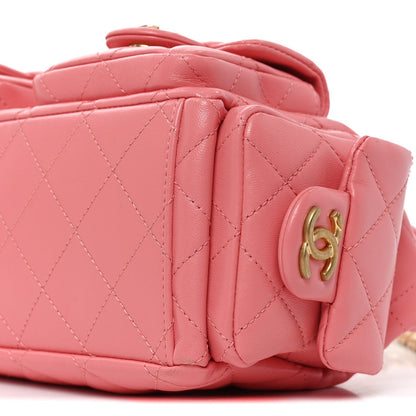 Shiny Lambskin Quilted Trendy Pockets Hobo Coral Pink